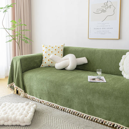 Couch Cover Sectional L Shape Chenille Herringbone Couch Throw Cover with Tassel Pom-Poms for Pets
