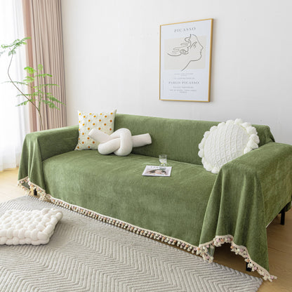 Boho Herringbone Sofa Throw Blanket with Pom Pom Tassels Stylish Furniture Slipcover