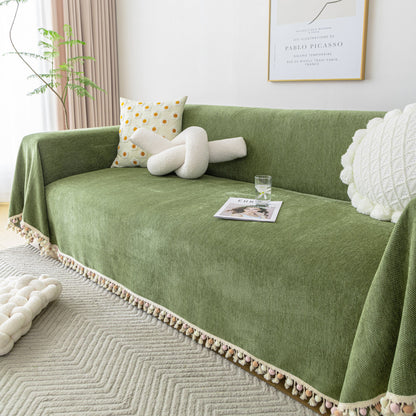Couch Cover Sectional L Shape Chenille Herringbone Couch Throw Cover with Tassel Pom-Poms for Pets