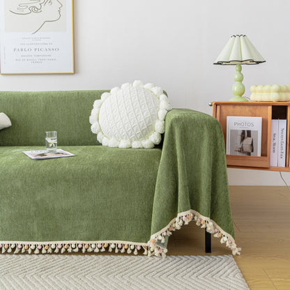 Couch Cover Sectional L Shape Chenille Herringbone Couch Throw Cover with Tassel Pom-Poms for Pets
