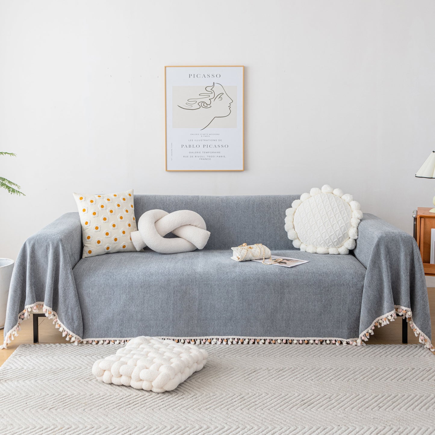 Couch Cover Sectional L Shape Chenille Herringbone Couch Throw Cover with Tassel Pom-Poms for Pets