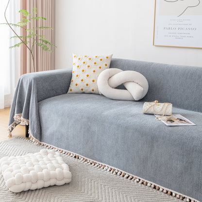 Couch Cover Sectional L Shape Chenille Herringbone Couch Throw Cover with Tassel Pom-Poms for Pets
