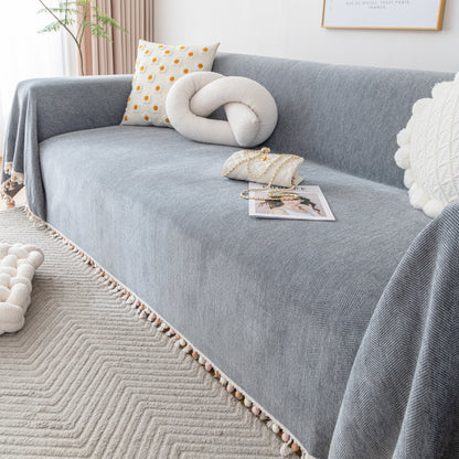 Couch Cover Sectional L Shape Chenille Herringbone Couch Throw Cover with Tassel Pom-Poms for Pets