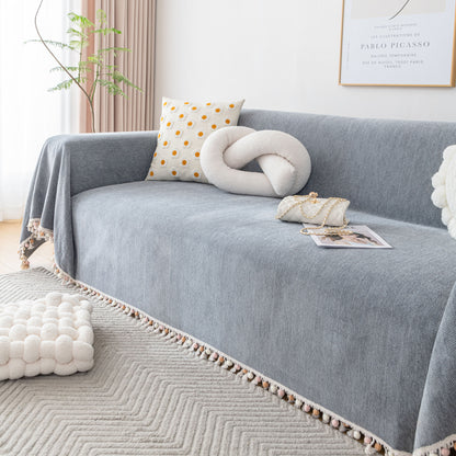 Boho Herringbone Sofa Throw Blanket with Pom Pom Tassels Stylish Furniture Slipcover