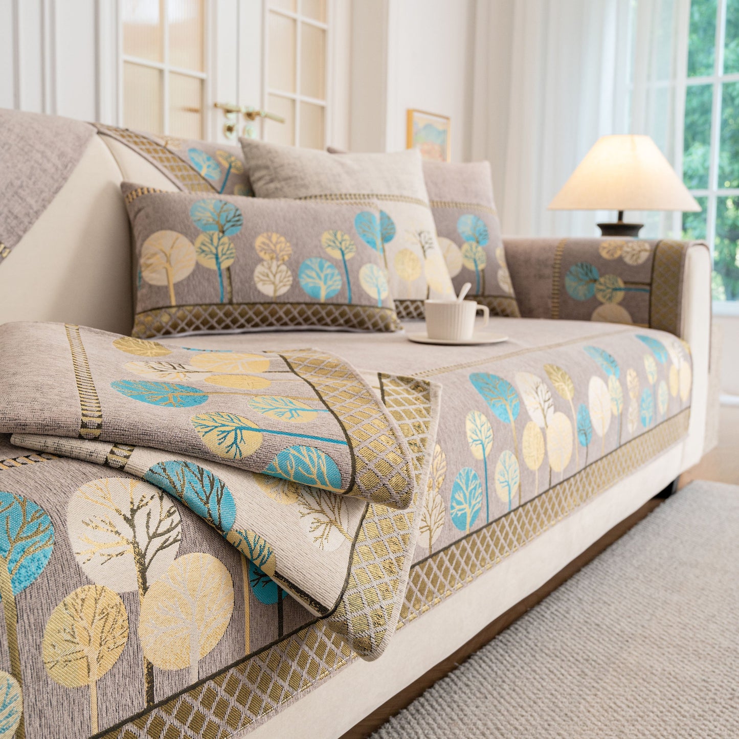 Sofa Cover for Couch, Non-Slip Sectional Couch Cover with Woven Tree Pattern
