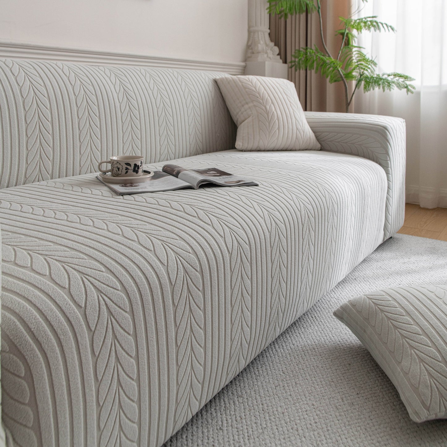Plush Fleece Sofa Slipcover with 3D Wheat Pattern, Cozy High-Stretch Couch Cover