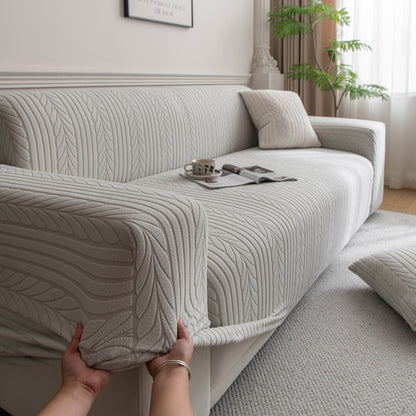 Plush Fleece Sofa Slipcover with 3D Wheat Pattern, Cozy High-Stretch Couch Cover