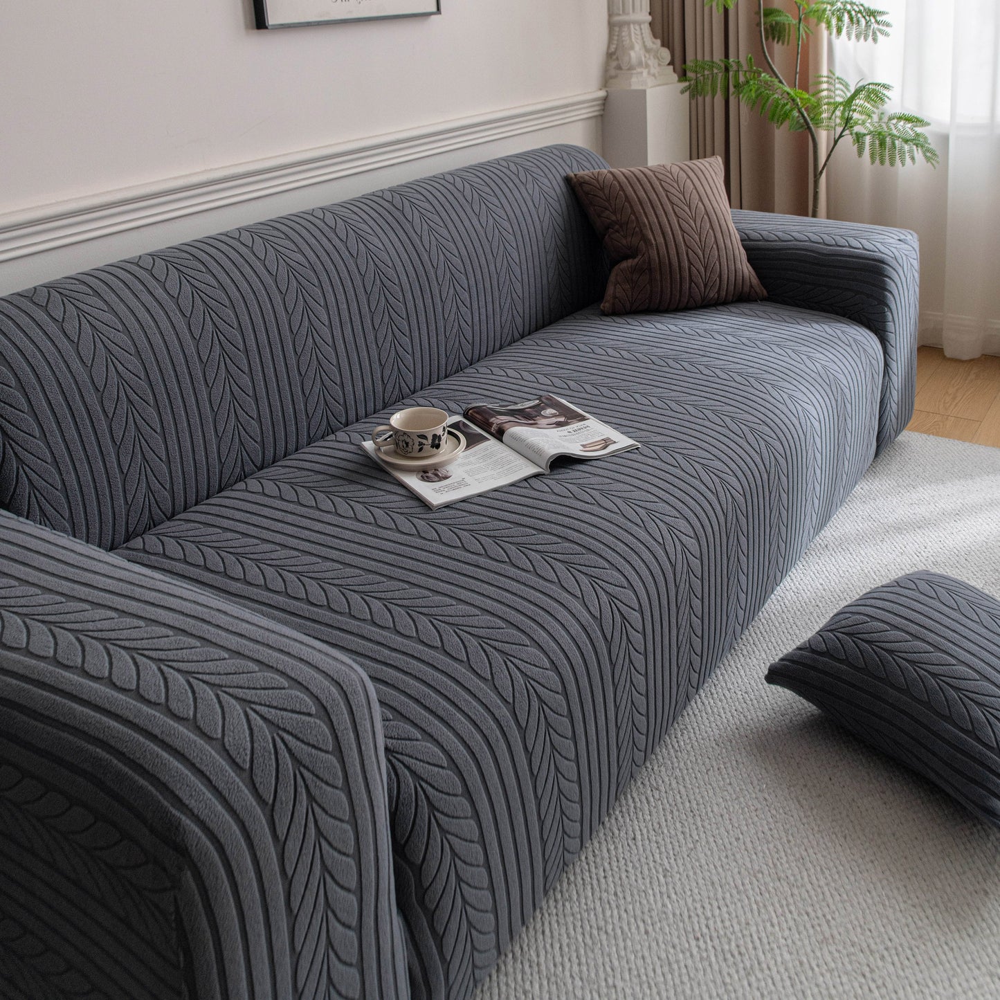 Plush Fleece Sofa Slipcover with 3D Wheat Pattern, Cozy High-Stretch Couch Cover