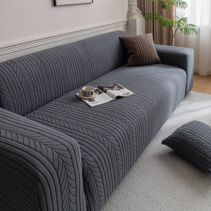 Plush Fleece Sofa Slipcover with 3D Wheat Pattern, Cozy High-Stretch Couch Cover