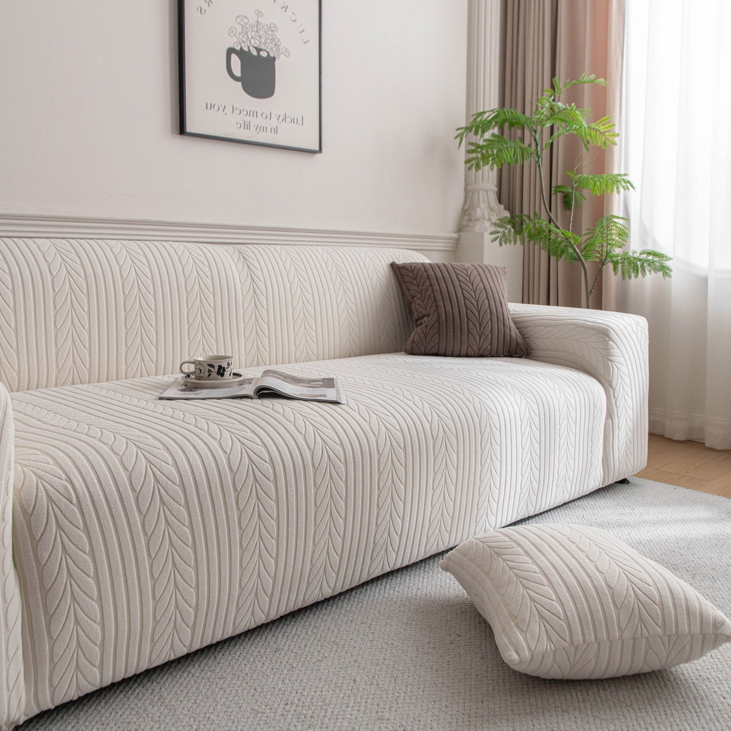 Plush Fleece Sofa Slipcover with 3D Wheat Pattern, Cozy High-Stretch Couch Cover