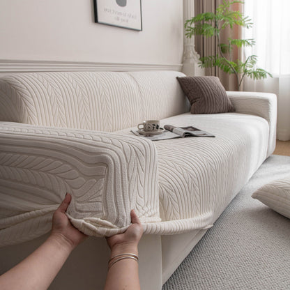 Plush Fleece Sofa Slipcover with 3D Wheat Pattern, Cozy High-Stretch Couch Cover