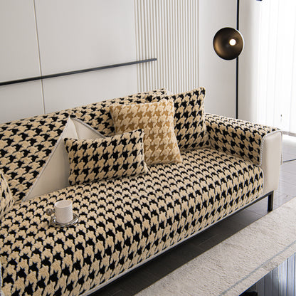 Winter Thickened Sherpa Fleece Houndstooth Sofa Cushion, Non-slip Sofa Cover with Plush