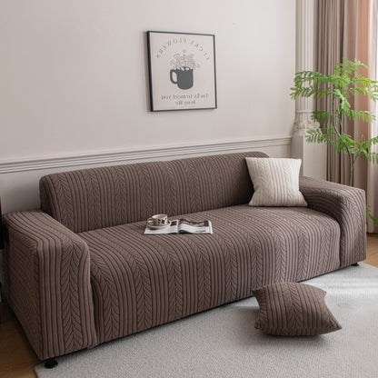 Plush Fleece Sofa Slipcover with 3D Wheat Pattern, Cozy High-Stretch Couch Cover