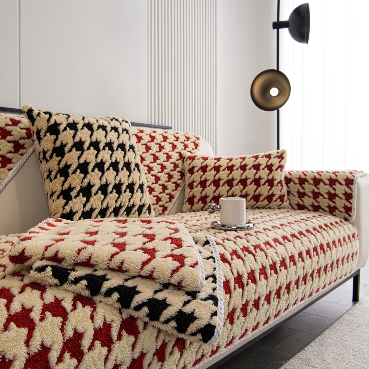 Winter Thickened Sherpa Fleece Houndstooth Sofa Cushion, Non-slip Sofa Cover with Plush
