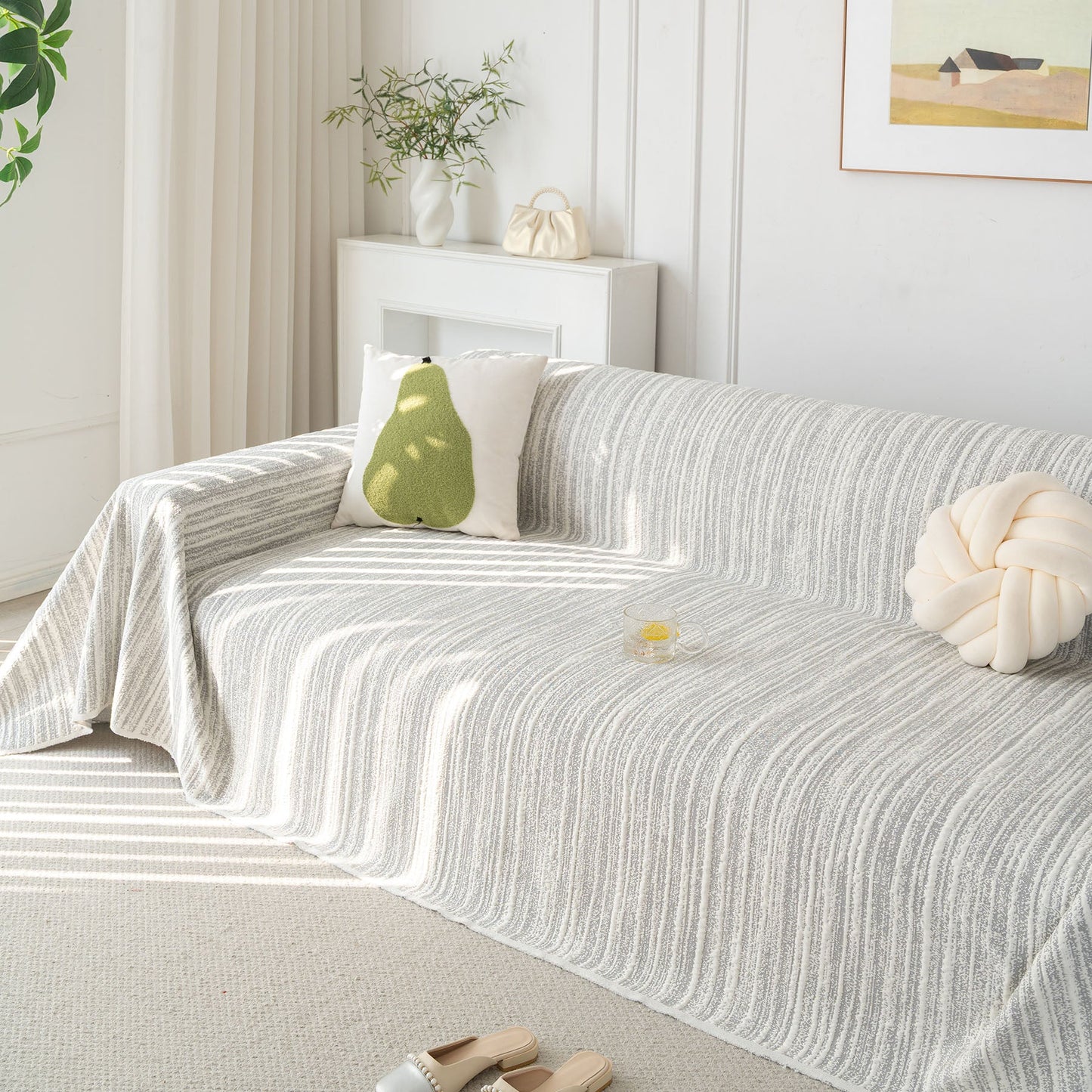 Summer Cooling Ice Silk Sofa Cover, Textured Stripe Soft Breathable Couch Throw Cover