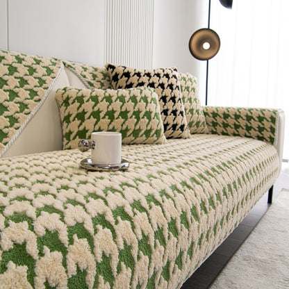 Winter Thickened Sherpa Fleece Houndstooth Sofa Cushion, Non-slip Sofa Cover with Plush