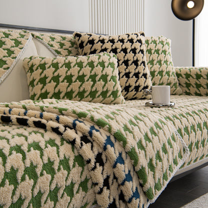 Winter Thickened Sherpa Fleece Houndstooth Sofa Cushion, Non-slip Sofa Cover with Plush