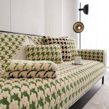 Winter Thickened Sherpa Fleece Houndstooth Sofa Cushion, Non-slip Sofa Cover with Plush