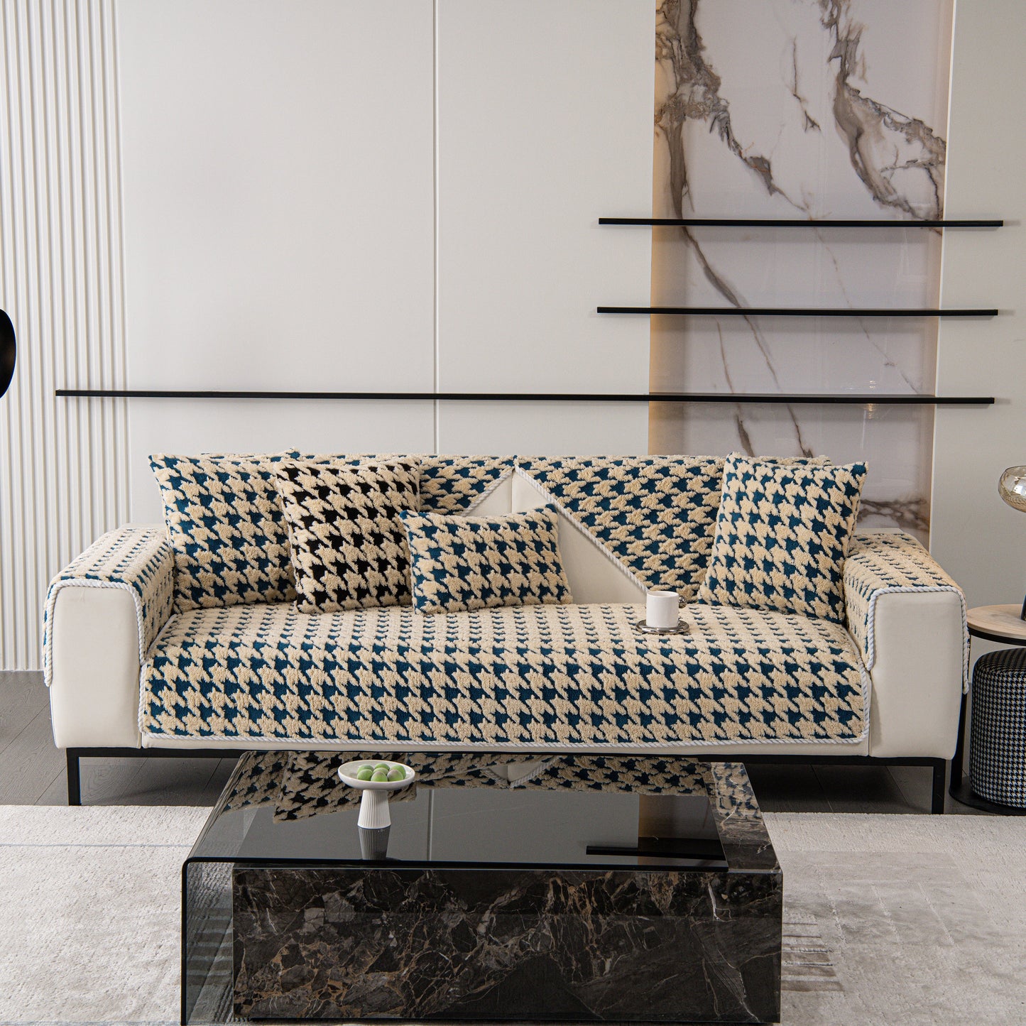 Winter Thickened Sherpa Fleece Houndstooth Sofa Cushion, Non-slip Sofa Cover with Plush