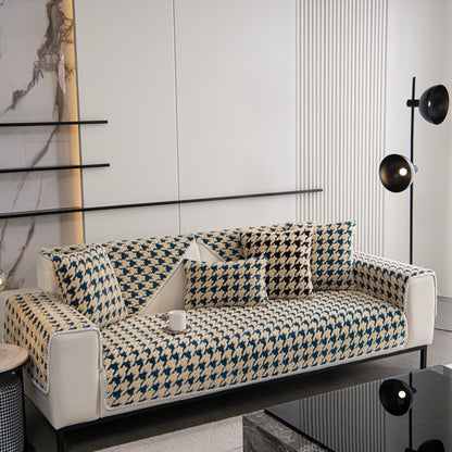 Winter Thickened Sherpa Fleece Houndstooth Sofa Cushion, Non-slip Sofa Cover with Plush