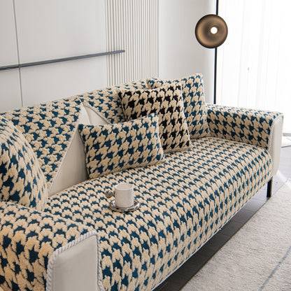 Winter Thickened Sherpa Fleece Houndstooth Sofa Cushion, Non-slip Sofa Cover with Plush