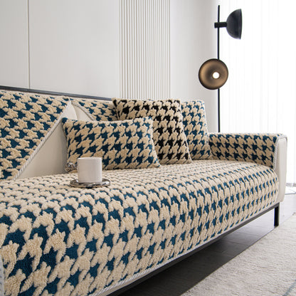 Winter Thickened Sherpa Fleece Houndstooth Sofa Cushion, Non-slip Sofa Cover with Plush