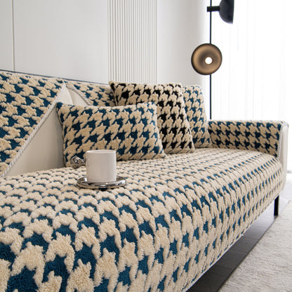 Winter Thickened Sherpa Fleece Houndstooth Sofa Cushion, Non-slip Sofa Cover with Plush