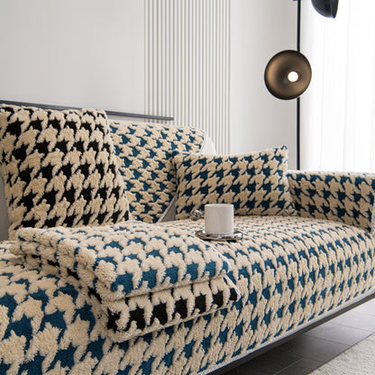 Winter Thickened Sherpa Fleece Houndstooth Sofa Cushion, Non-slip Sofa Cover with Plush