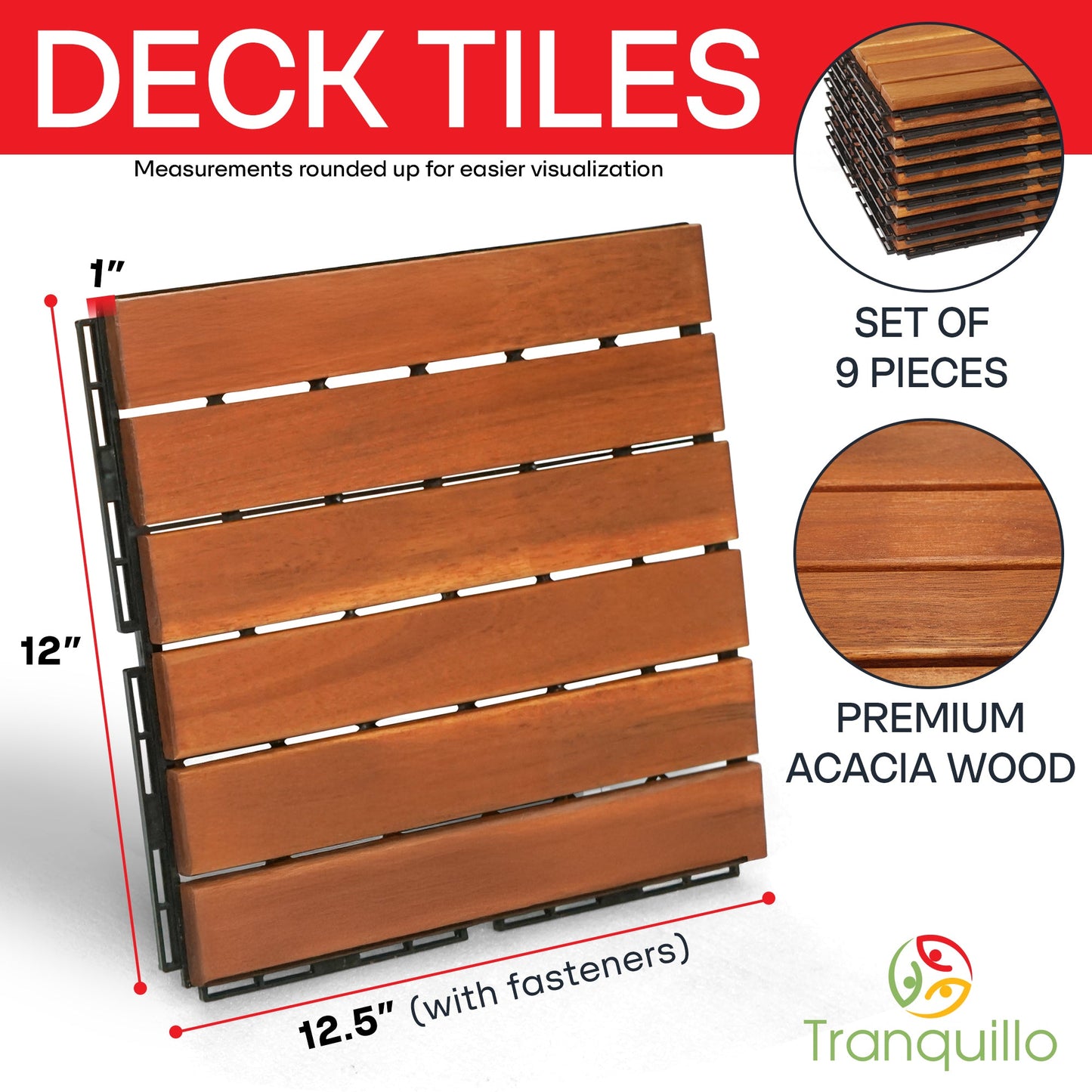 Tranquillo Acacia Deck Tiles 6 Slat Interlocking Decking Tiles set 9 – Indoor & Outdoor Flooring
