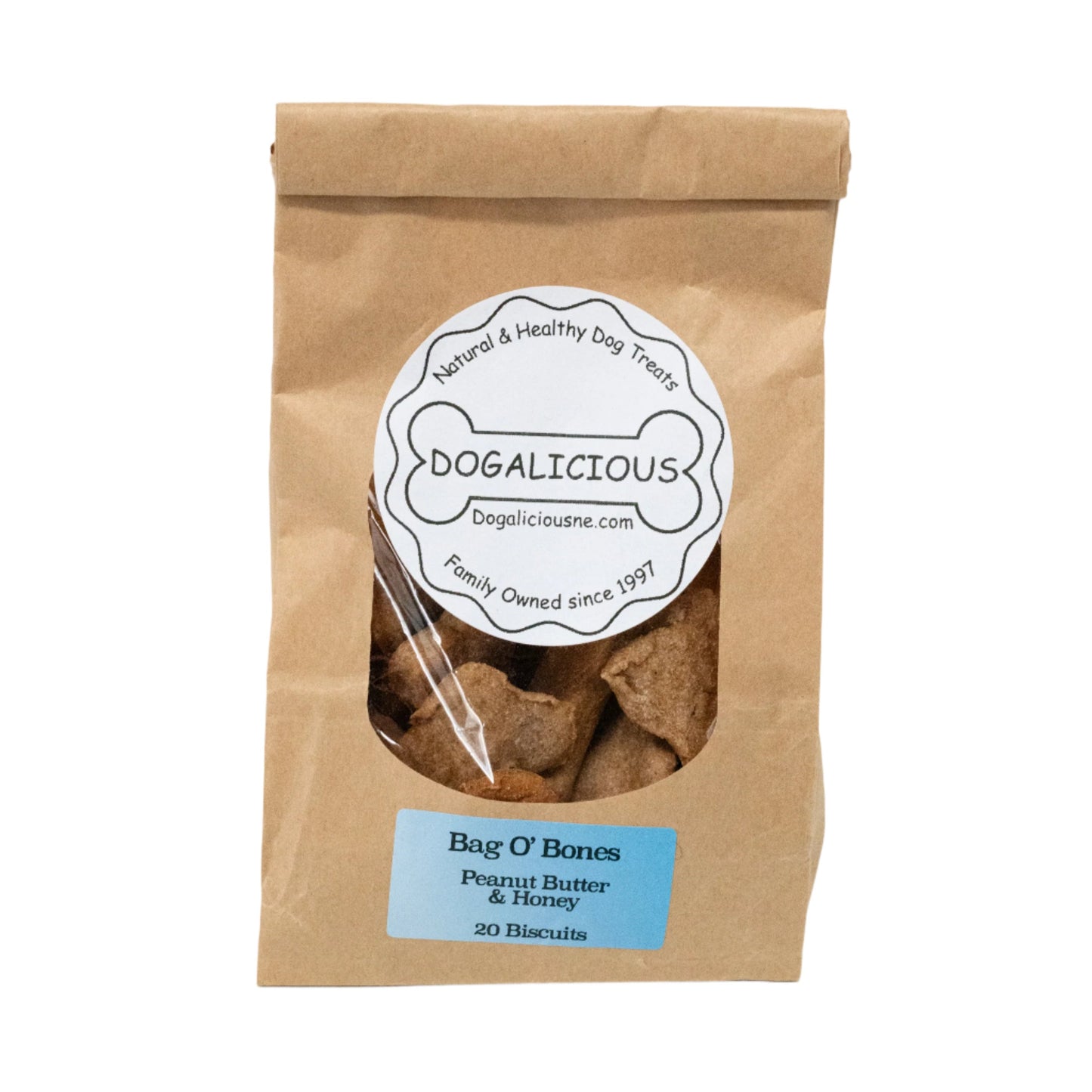 Bag O' Bones Peanut Butter & Honey Dog Biscuits | 20 Biscuits | Dogalicious