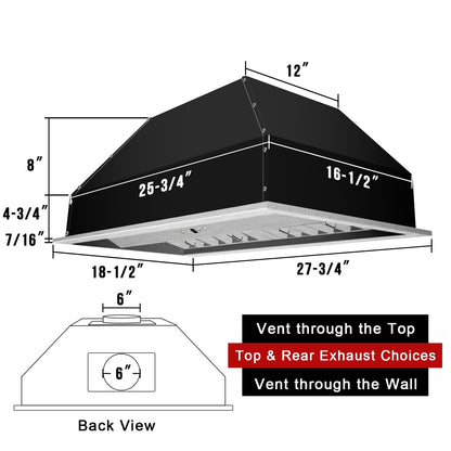 30" Range Hood Insert, Stainless Steel Kitchen Vent Hood with Dimmable LED Lights, 600CFM - NX-E90-30