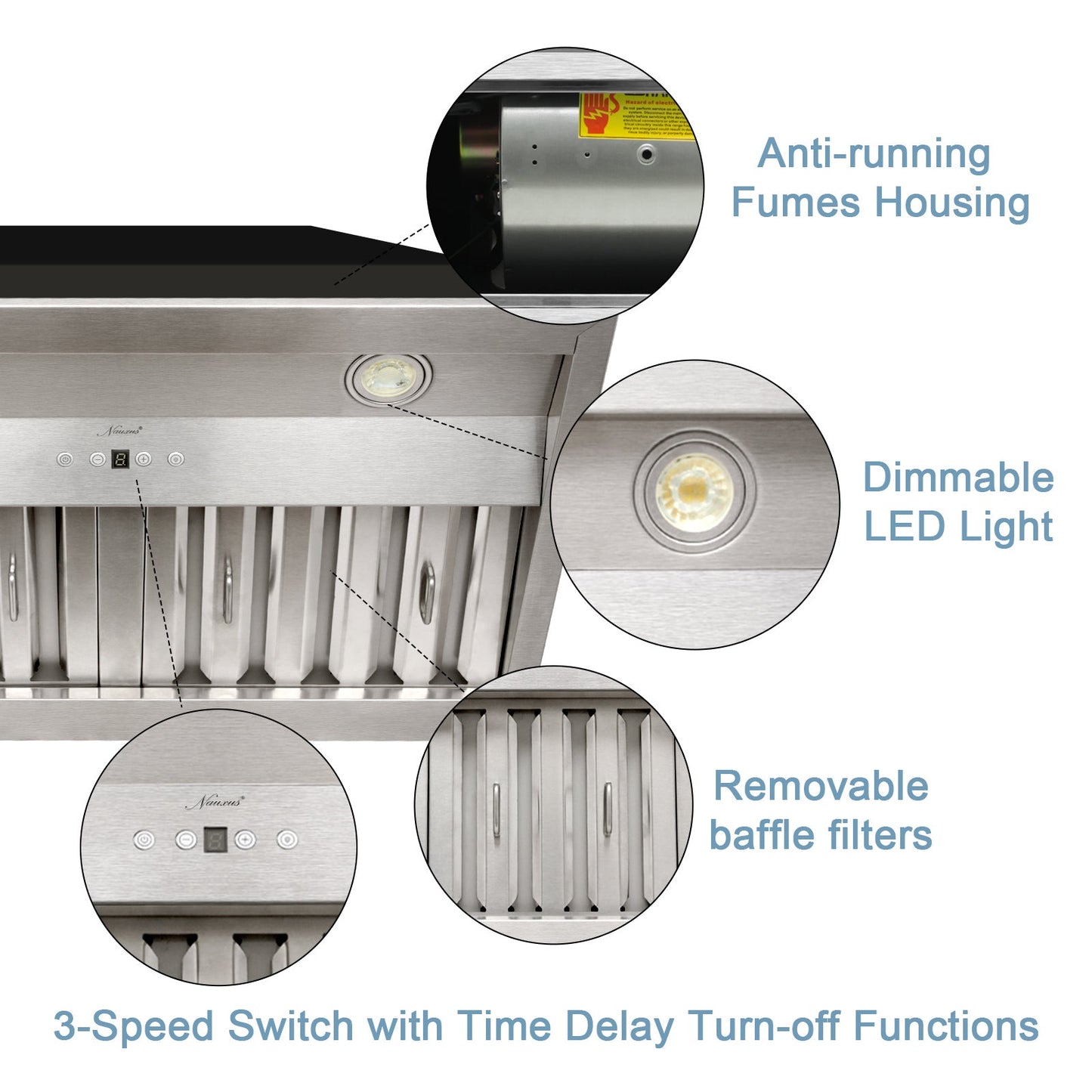 30" Range Hood Insert, Stainless Steel Kitchen Vent Hood with Dimmable LED Lights, 600CFM - NX-E90-30