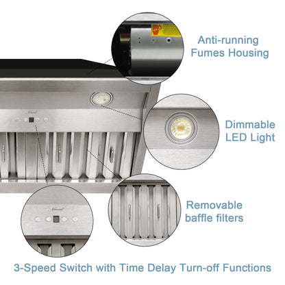 30" Range Hood Insert, Stainless Steel Kitchen Vent Hood with Dimmable LED Lights, 600CFM - NX-E90-30
