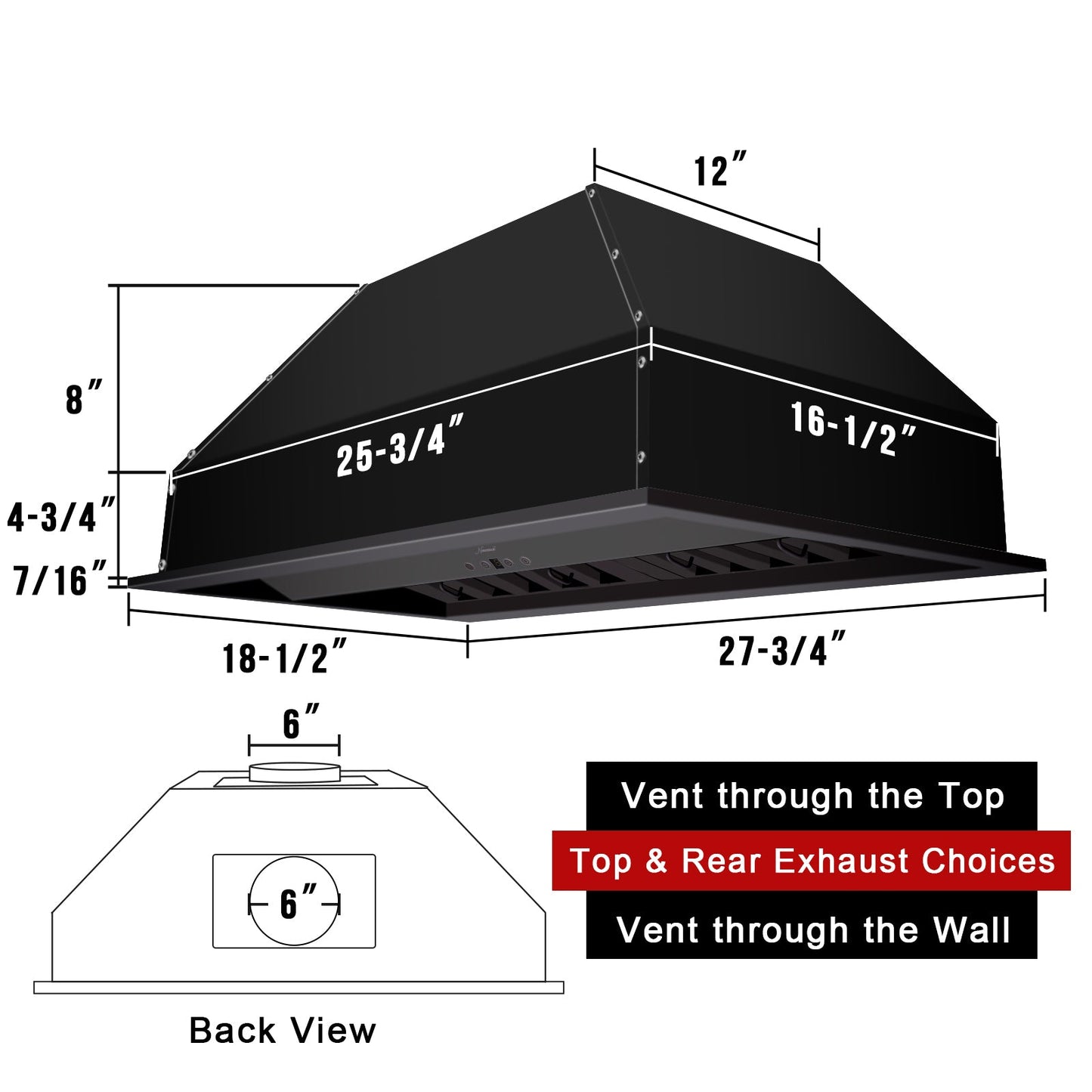 30" Range Hood Insert, Stainless Steel Kitchen Vent Hood with Dimmable LED Lights, 600CFM - NX-E90-30-MB