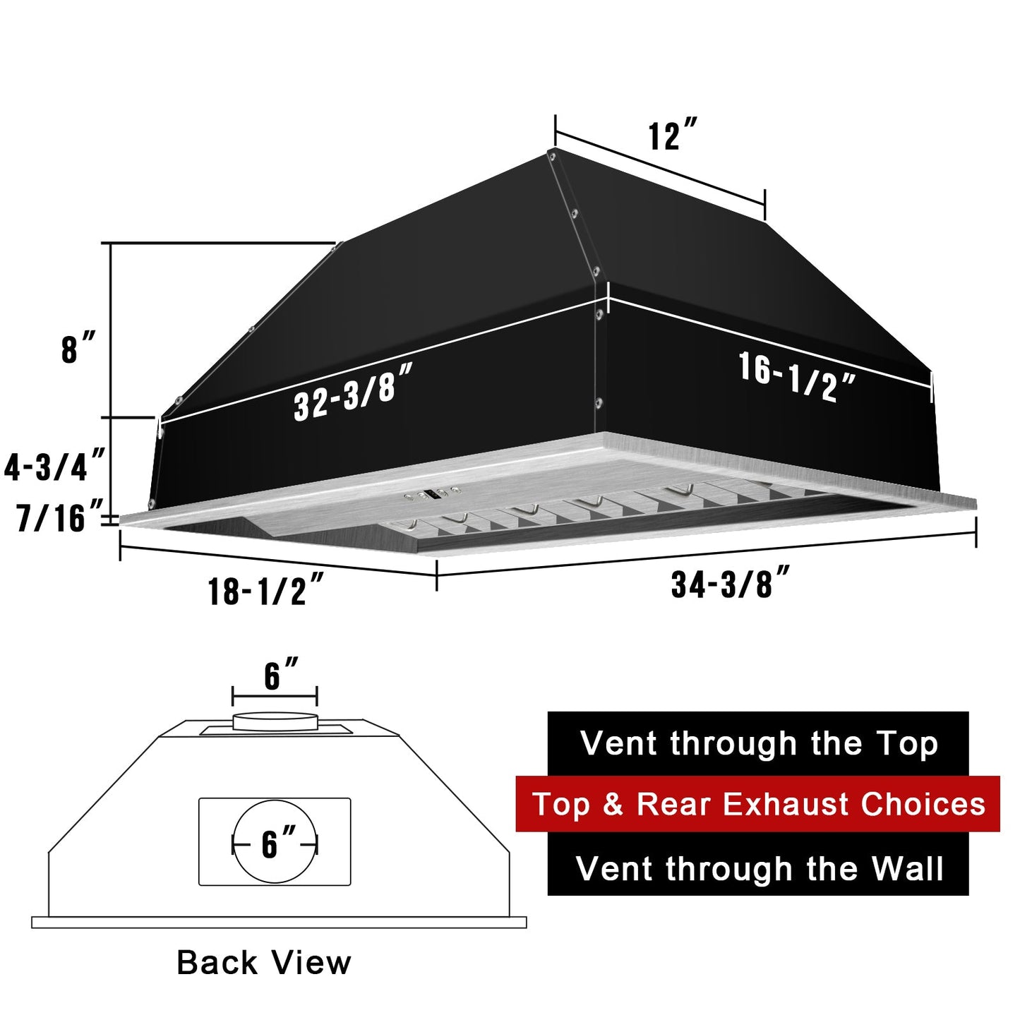 36" Range Hood Insert, Stainless Steel Kitchen Vent Hood with Dimmable LED Lights, 600CFM - NX-E90-36
