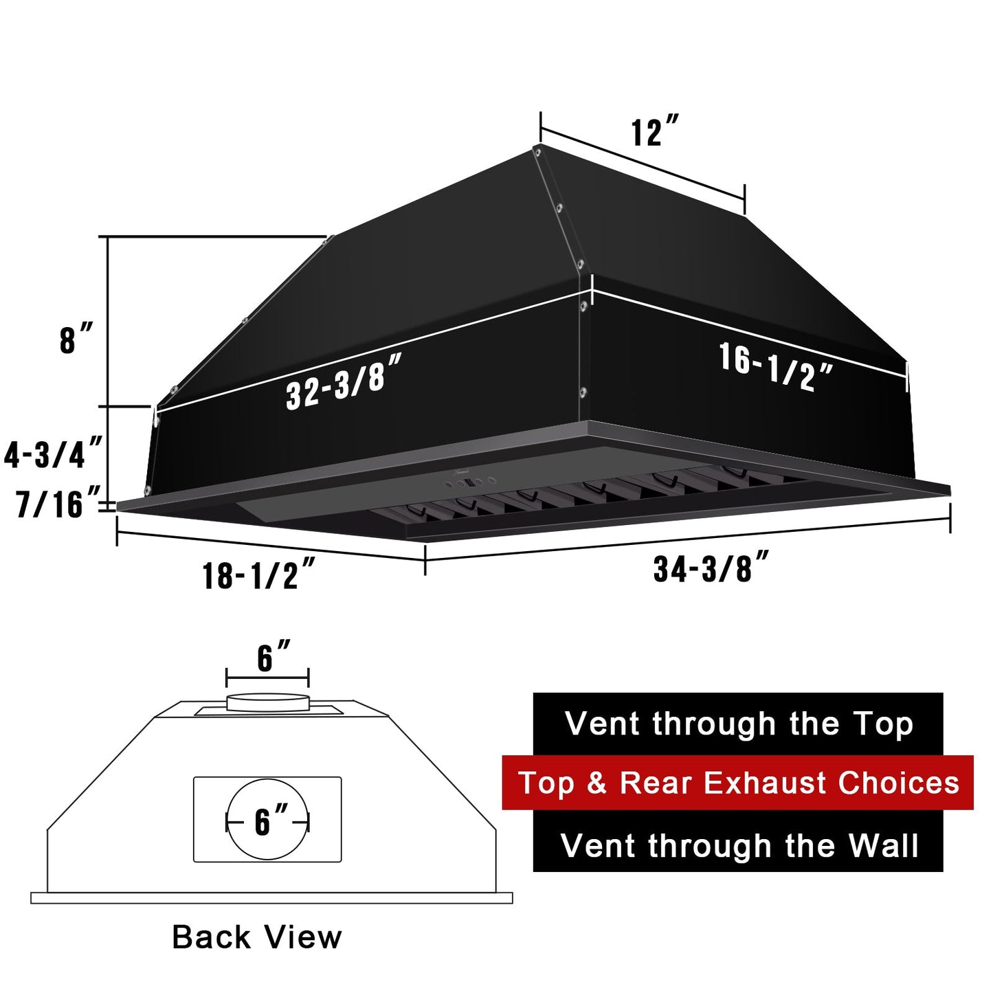 36" Range Hood Insert, Stainless Steel Kitchen Vent Hood with Dimmable LED Lights, 600CFM - NX-E90-36-MB
