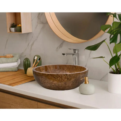 Noce Brown Travertine Natural Stone Circular Vessel Bathroom Sink 16 Inch Round Polished