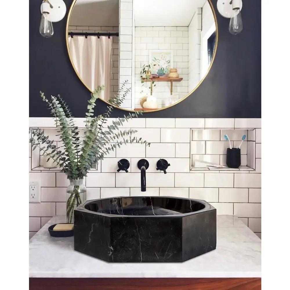 Black Marble Octagon Vessel Sink 16x5 Bathroom Bowl