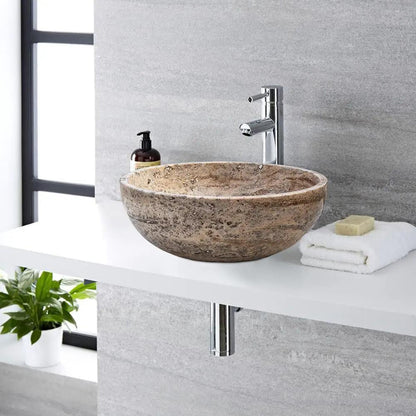 Valencia Beige Travertine Vessel Sink Polished 16 Inch Round Bathroom Basin