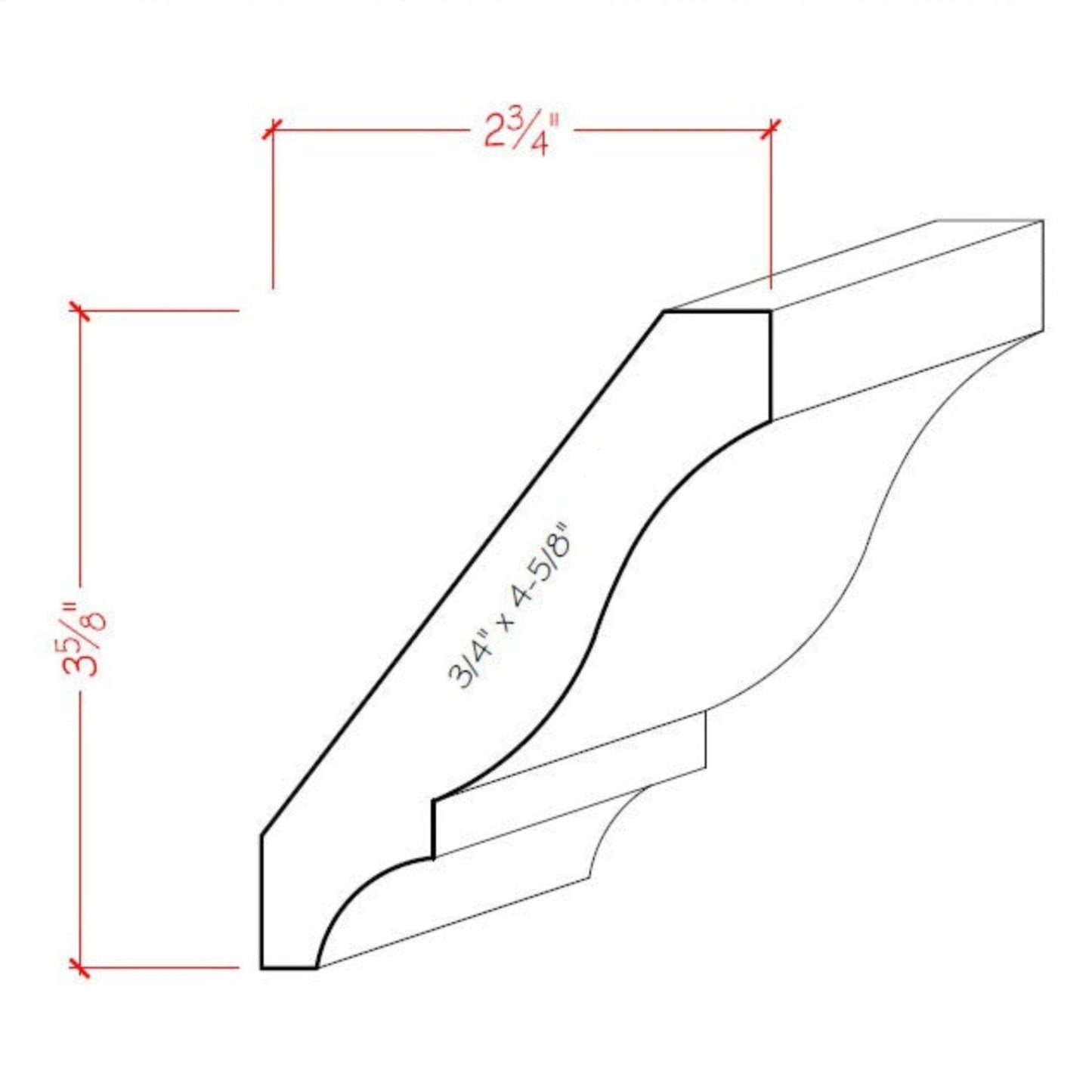 EWCR13 Crown 3/4" x 4-5/8" Unfinished 3-5/8" High x 2-3/4" Deep