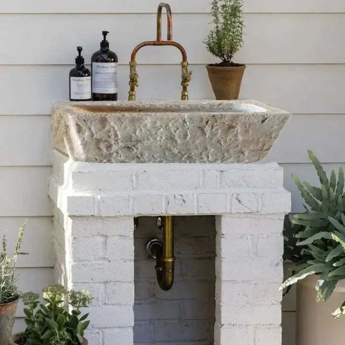 Rustic Handcrafted Travertine Outdoor Sink Beige Natural Stone Rectangular Wall Mount