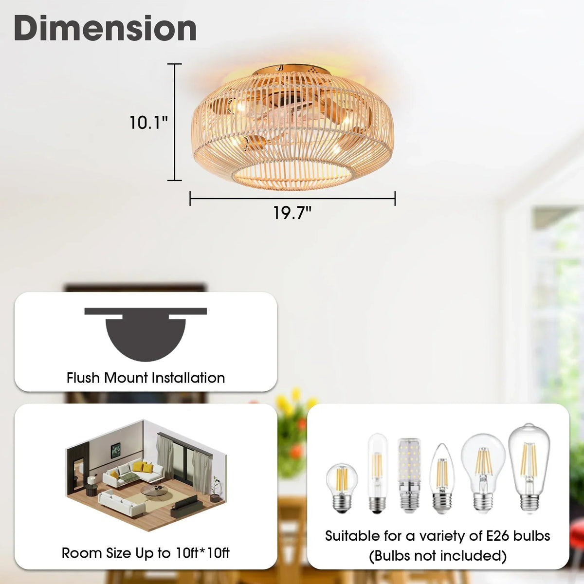 20 Inch Mandy Retro Golden Flush Mount Ceiling Fan with Light and Remote Control