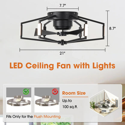 21 Inch Wade Black Industrial Flush Mount LED Ceiling Fan