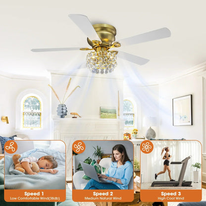 48 Inch Soft Brass Crystal Ornament Flush Mount Ceiling Fan with Light and Remote Control