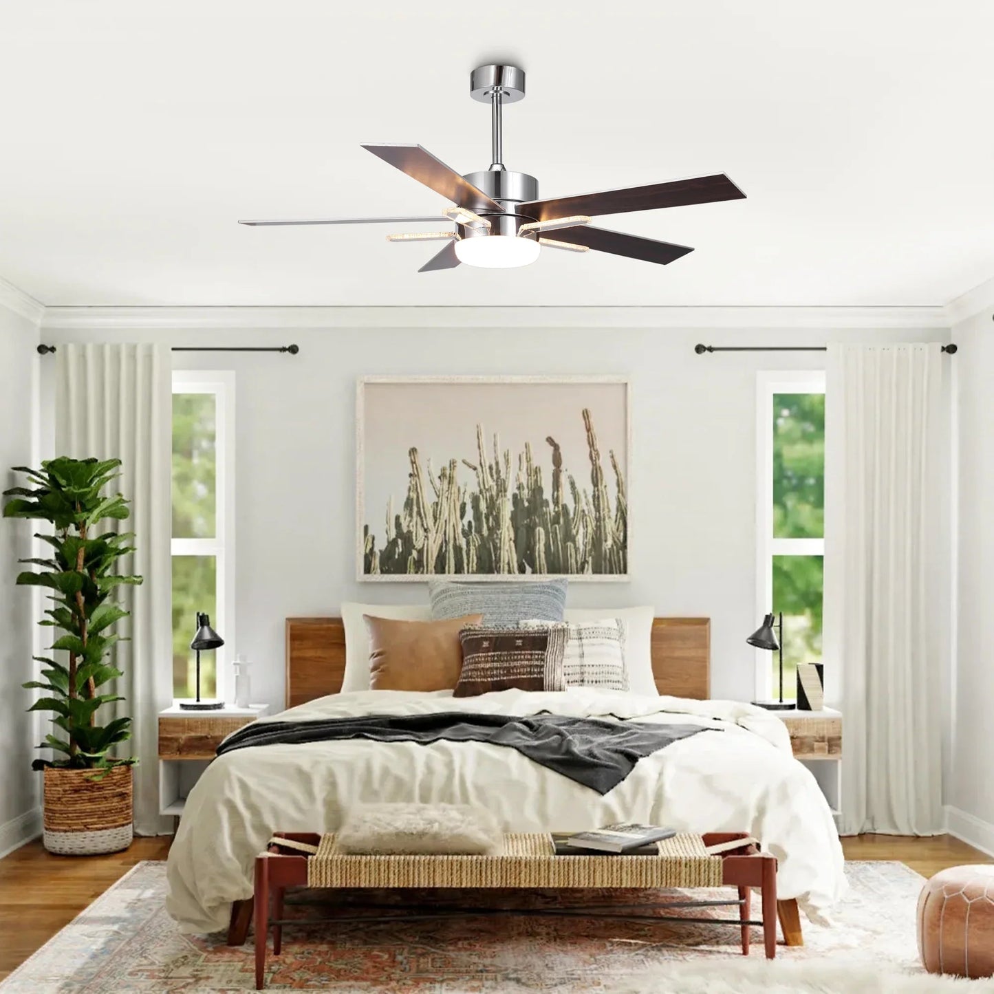 52 Inch Double-sided Blades Modern Downrod Mount Ceiling Fan with Main/Side LED Light
