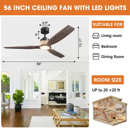 56 Inch Louise Downrod Mount LED Wood Blades Ceiling Fan with Remote Control