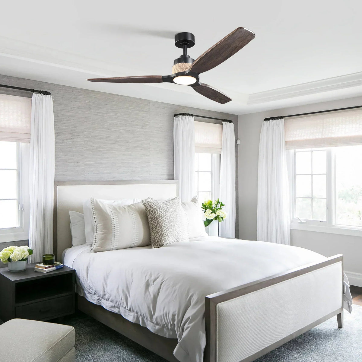 56 Inch Louise Downrod Mount LED Wood Blades Ceiling Fan with Remote Control