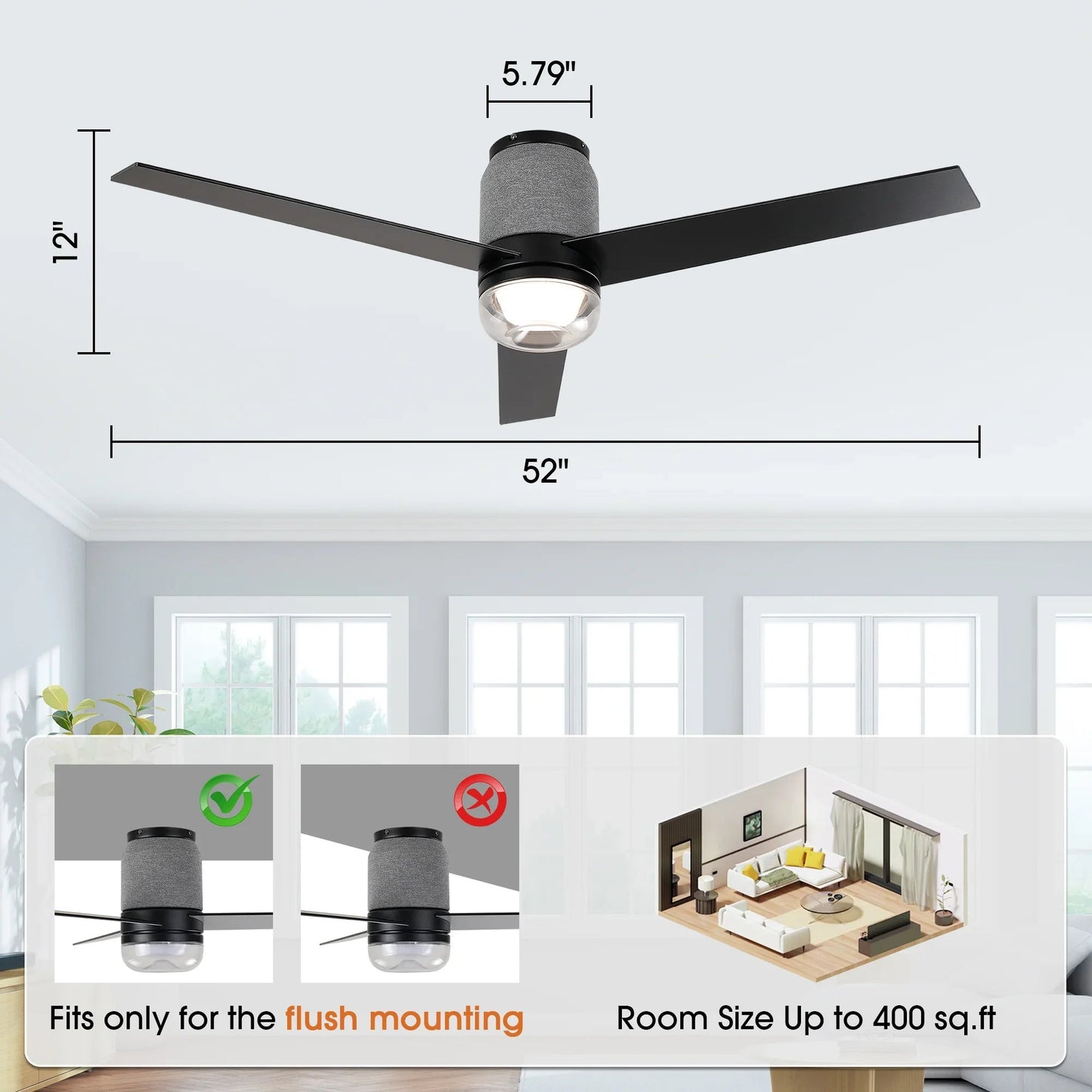 52 Inch Pearl Black RGB LED Smart Fan with Remote and App Control