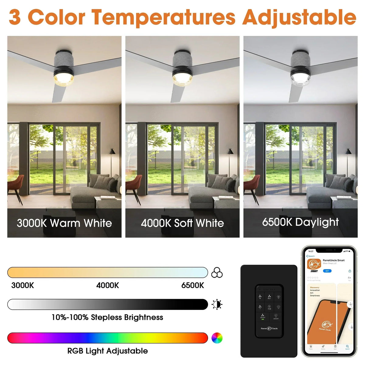 52 Inch Pearl Black RGB LED Smart Fan with Remote and App Control
