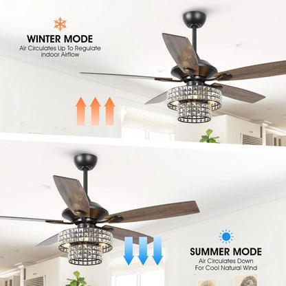 52" Nowthen Modern Crystal Chandelier Ceiling Fan with Led Light and Remote Control 5 Blades Chrome
